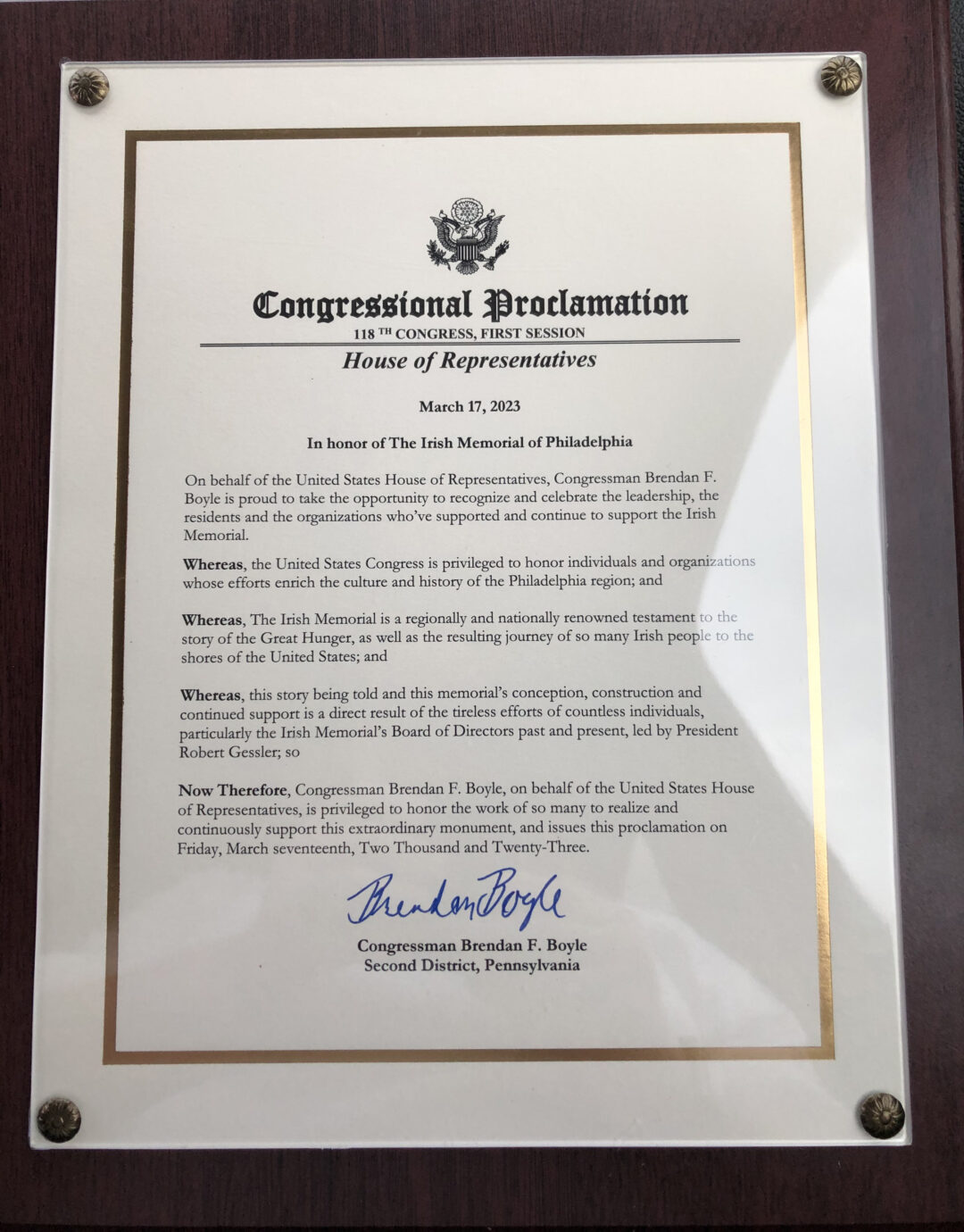 A Congressional Proclamation for the Memorial The Irish Memorial